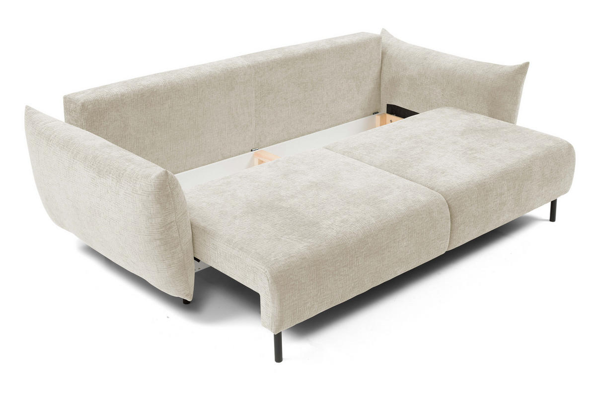 SOFA ADEL - Schlaffunktion Und Bettkasten, Wellenfederung, PUR-Schaum, Schwarze Metallfüße lose Rückenkissen, freistehend, 240x108x75 cm Ecru - Ecru, Holz/Textil (240/75/108cm) - DomoHome