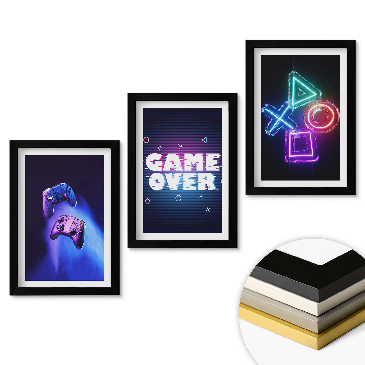 WANDBILDER 3er-Set - 20x30 cm Schwarzer Rahmen - Game Over Gamepads - Schwarz, Kunststoff (20/30cm) - ArtPrintCave