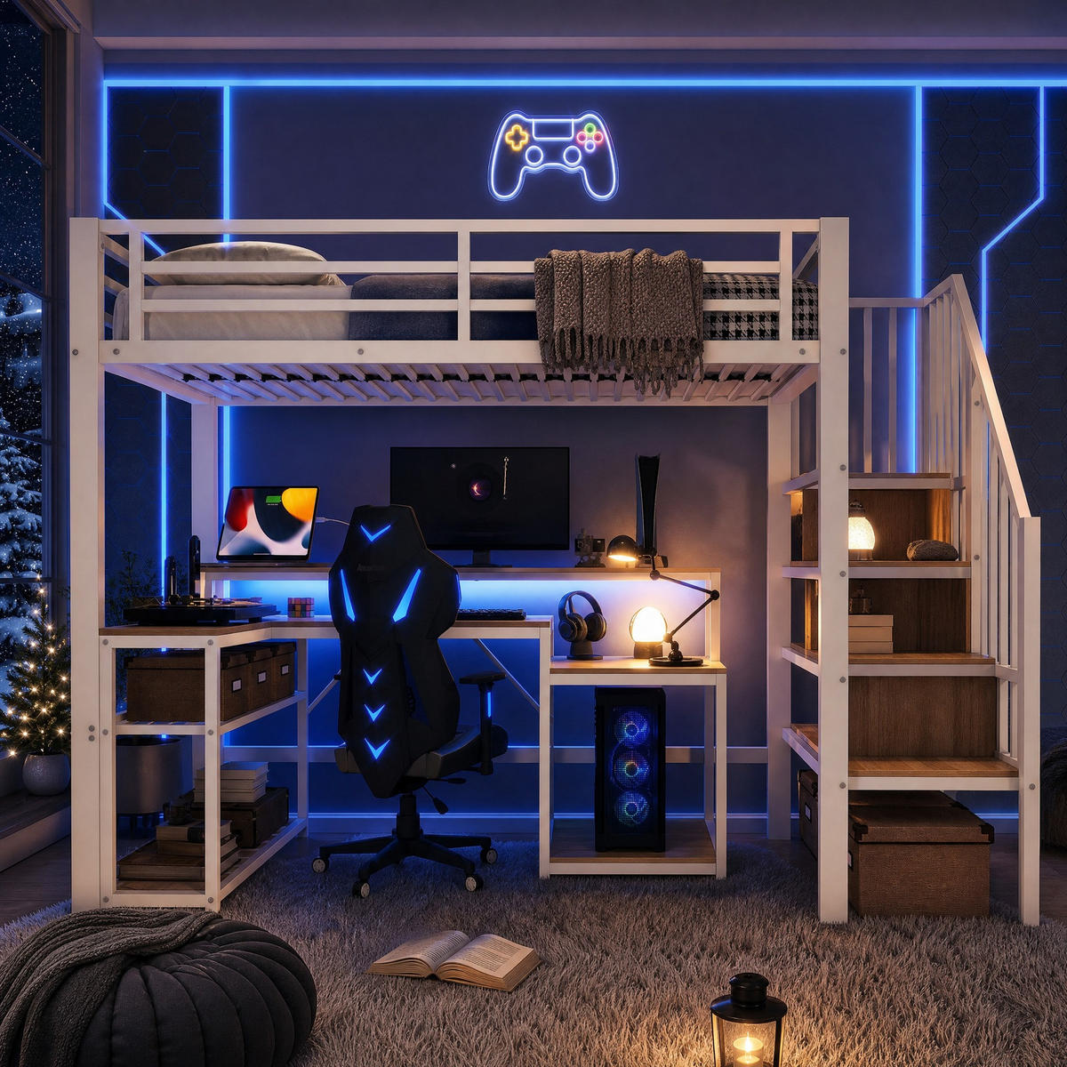 HOCHBETT 90/200 mit LED USB Schreibtisch und Stauraumtreppe in Weiß - Weiß, Holzwerkstoff/Metall (90/200cm) - EVRYAE