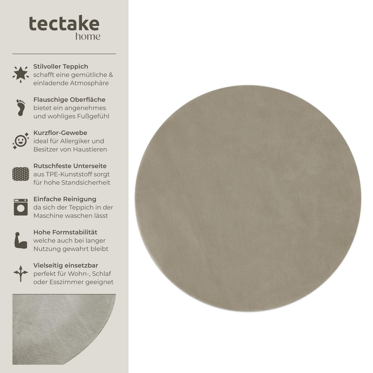 KURZFLORTEPPICH Soft Zone, rutschfeste Unterseite, Sand - Sandfarben, Textil (120/120cm) - tectake