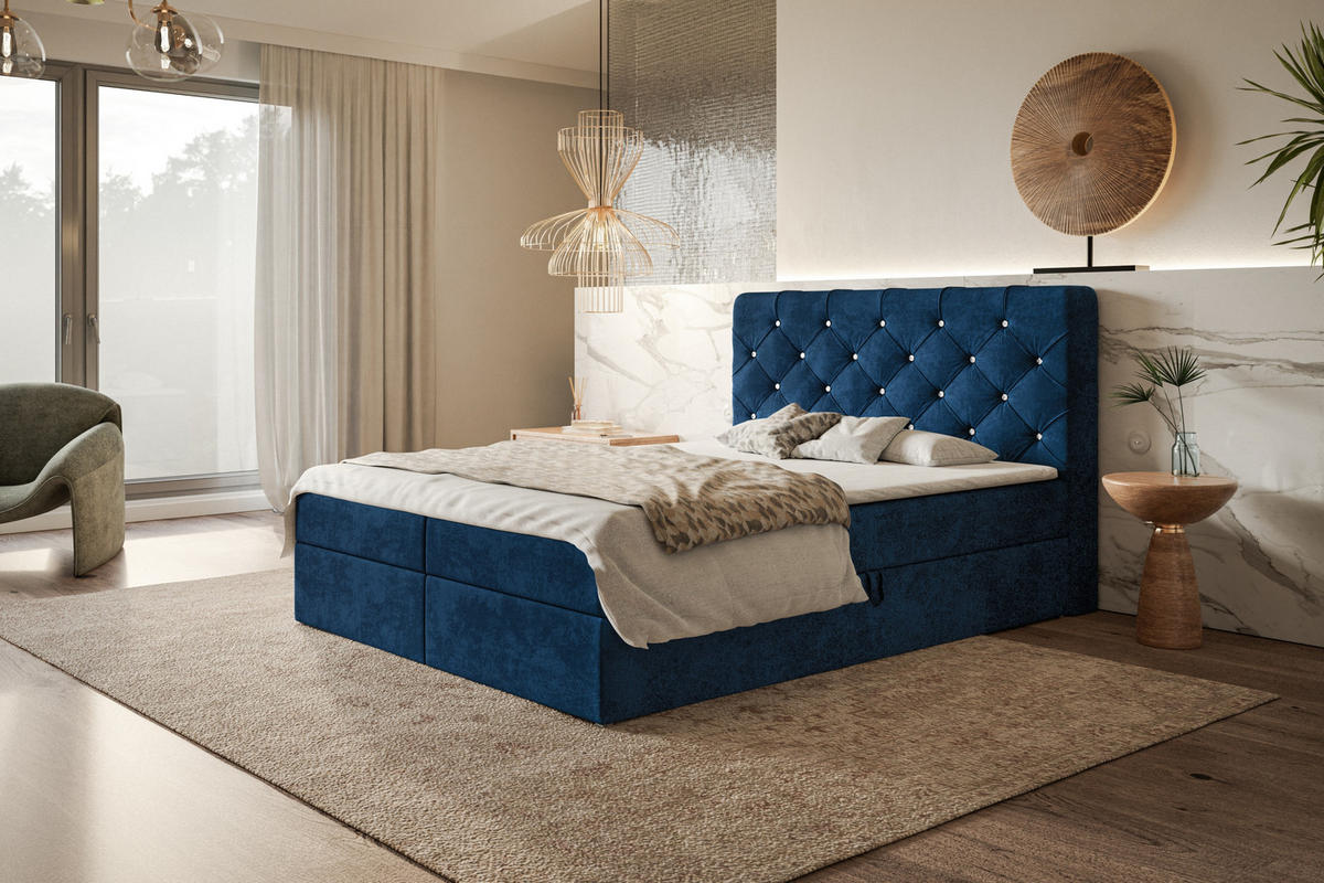 BOXBETT BOSTON mit 2 Bettkästen, 160x200, Farbe: Dunkelblau, Velourstoff, Doppelbett mit Bonell-Matratze - Dunkelblau, Holz/Kunststoff (160/200cm) - Alpi-Möbel