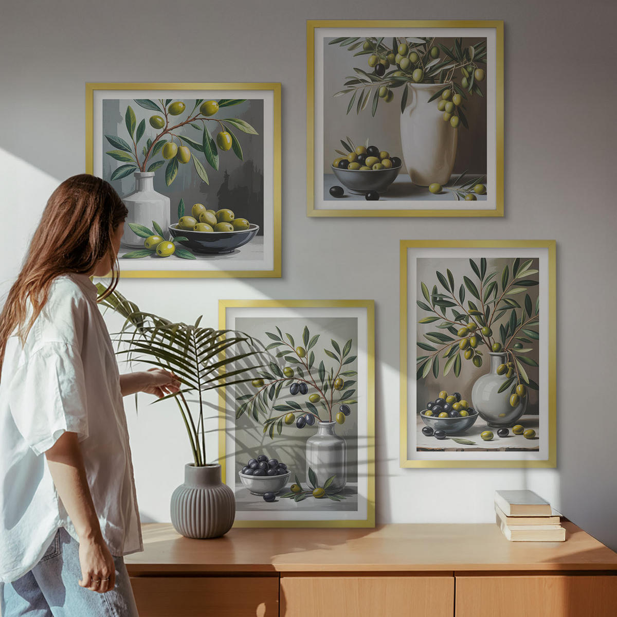 WANDBILDER 4er Set - 50x50 cm & 40x60 cm Goldrahmen - Oliven in Keramikgrau - Goldfarben, Kunststoff (50/50cm) - ArtPrintCave