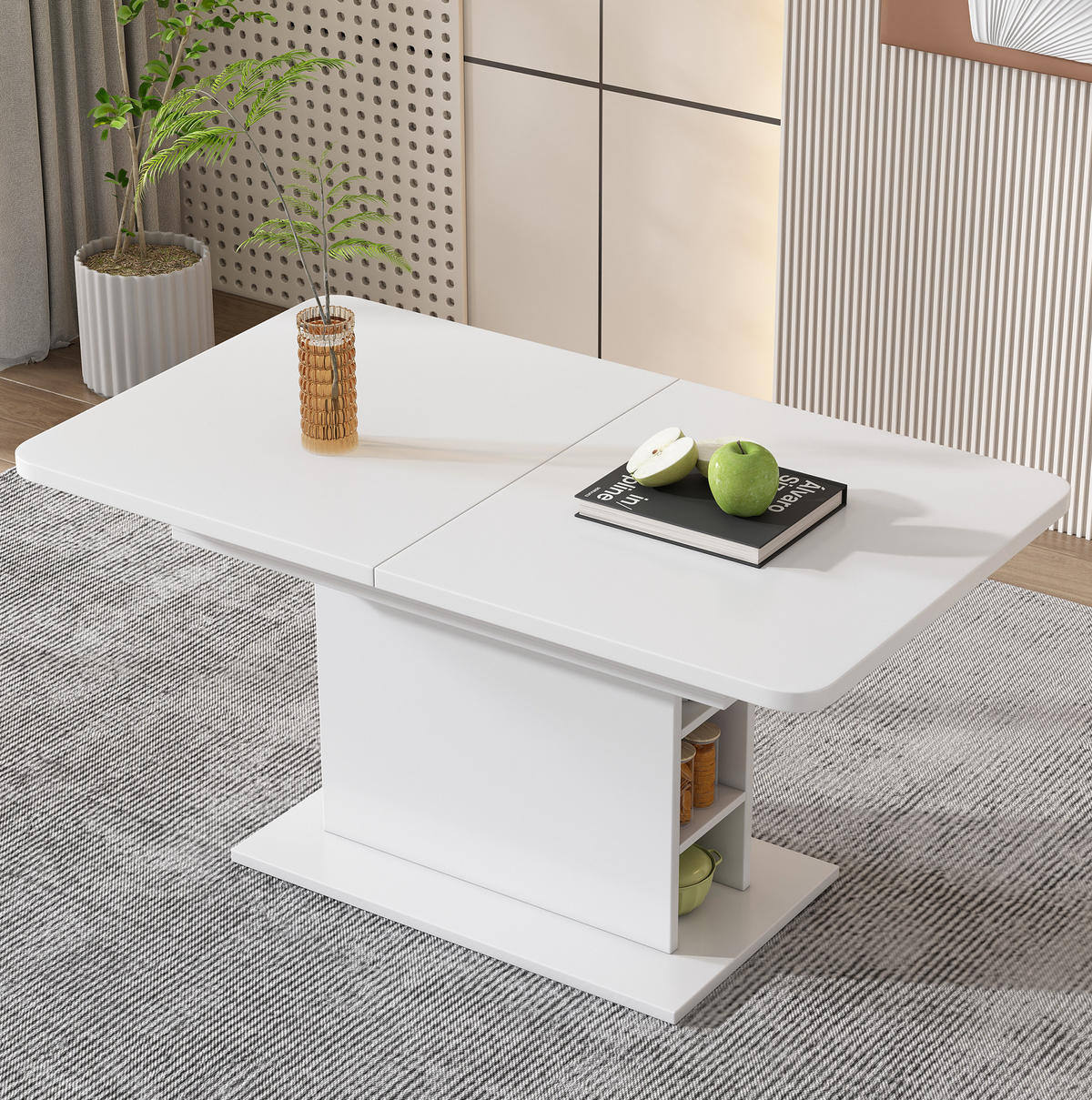JÍDELNÍ stůl bílý z dřevotřísky s kovem s rozkládací deskou a úložným prostorem - bílá, kompozitní dřevo (130/70/75cm) - OKWISH