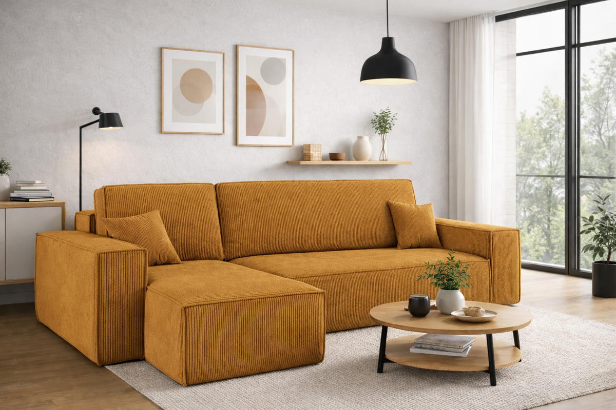 ECKSOFA Mit Schlaffunktion Und Bettkasten BEST Stoff Poso Dicker Cord Senffarbe Links - Gelb, Holz/Textil (142/244cm) - Kaiser Möbel