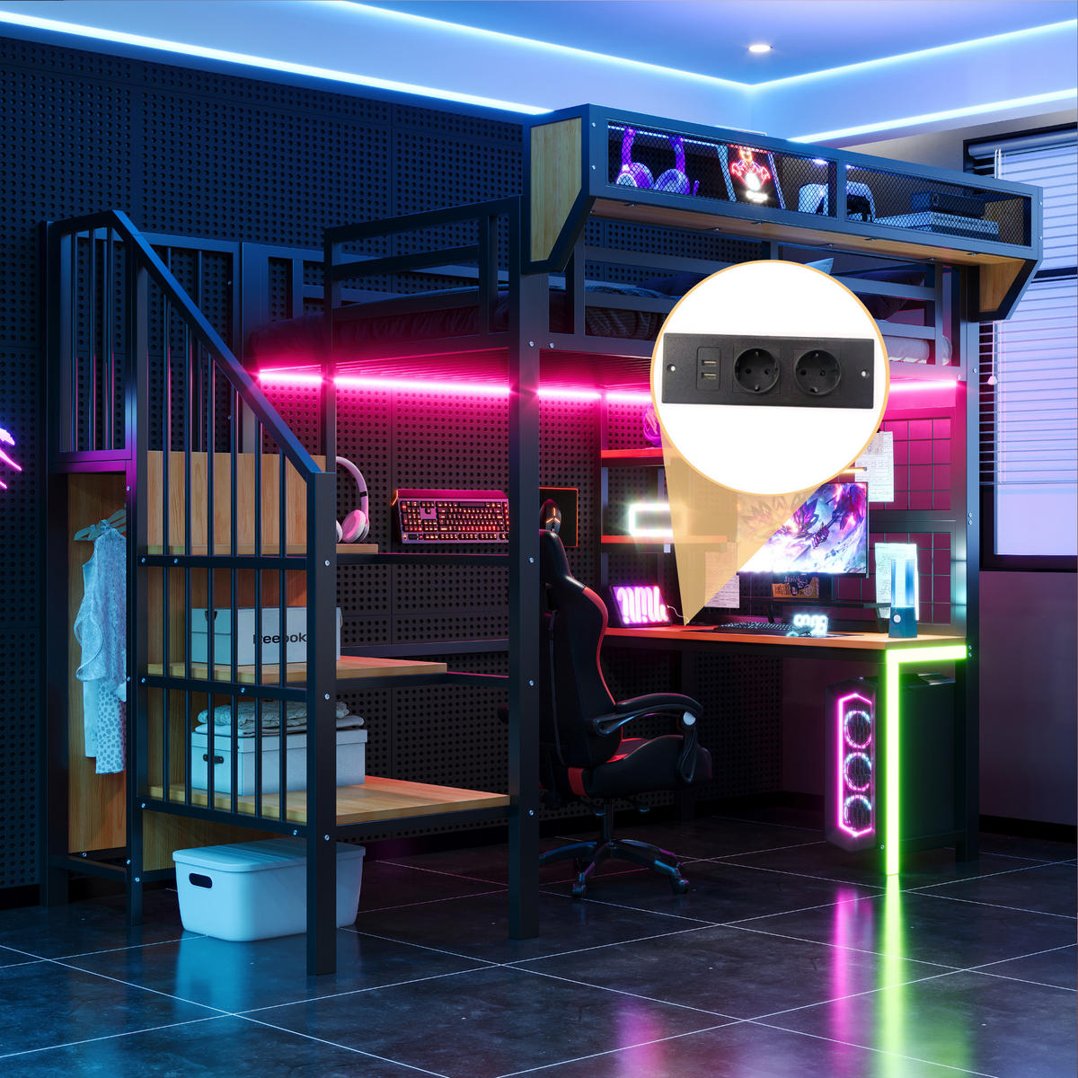 HOCHBETT 90x200cm Metall Schreibtisch LED Steckdose Schwarz - Schwarz, Metall (90/200cm) - FLIEKS