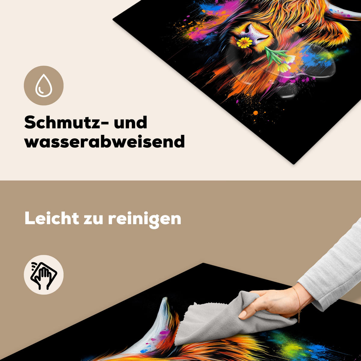 HERDABDECKPLATTE Schottischer Highlander - Graffiti - Bunt - Blume - Tiere Induktionsmatte 77x59 cm - Multicolor, Kunststoff (77/59/0.2cm) - MuchoWow