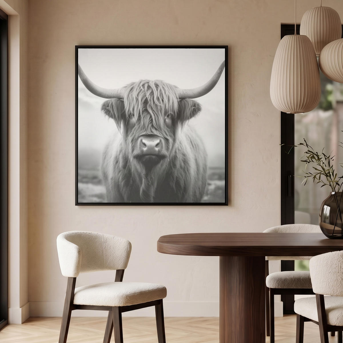 LEINWAND Bilder mit Rahmen - Schottischer Highlander - Nebel - Schwarz - Weiß - 90x90 - Grau, Textil (90/90cm) - MuchoWow