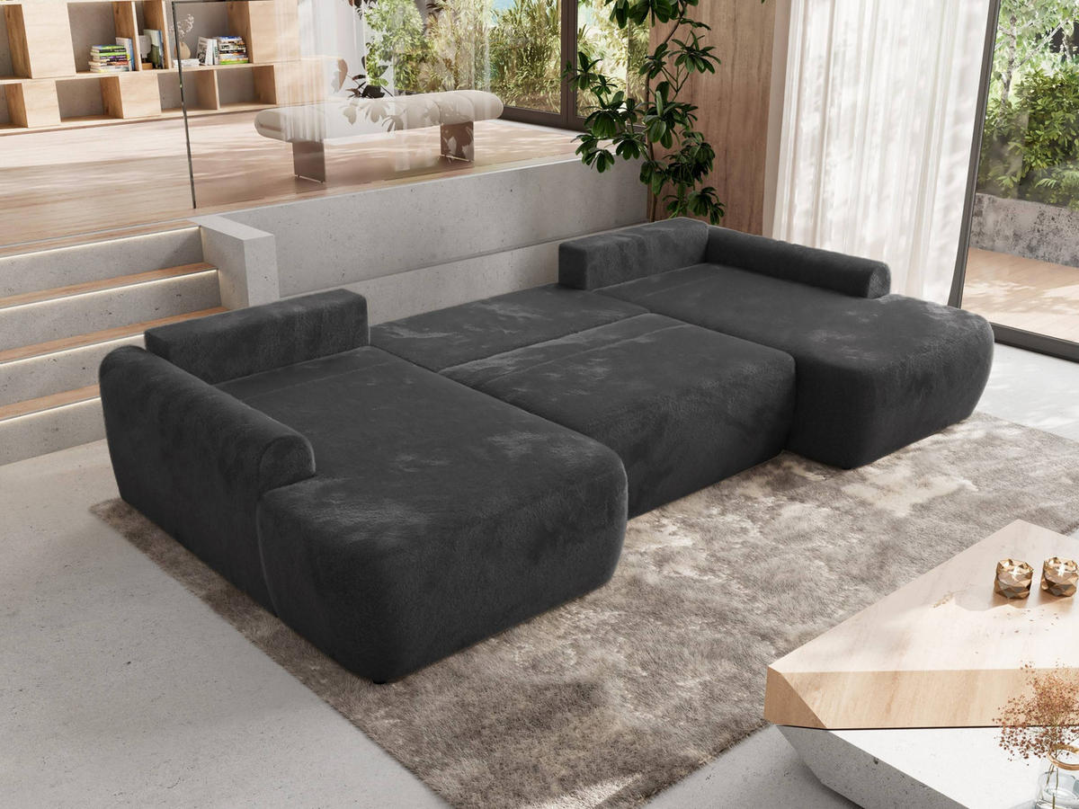 WOHNLANDSCHAFT CUBO U Dunkelgrau Plüsch - Dunkelgrau/Schwarz, Kunststoff/Textil (370/100/187cm) - MKS