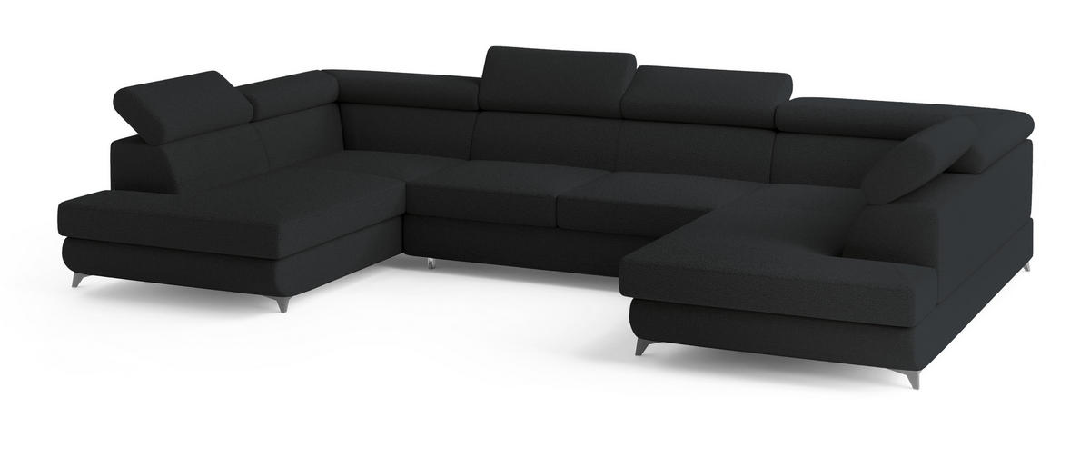 WOHNLANDSCHAFT VINTESSA Schwarz Boucle-Stoff mit Schlaffunktion - Schwarz, Holz (323/89/190cm) - MASSENO