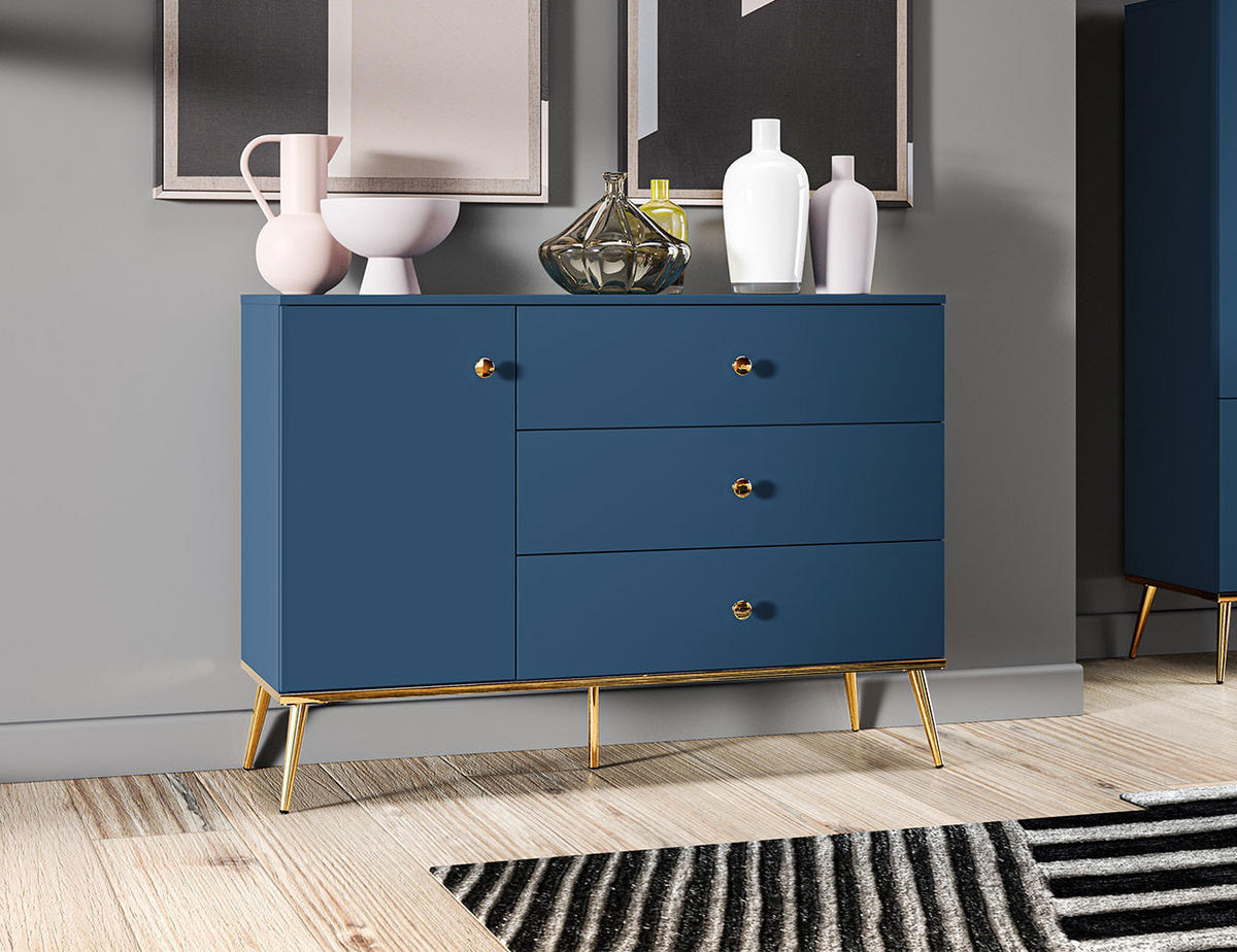 SIDEBOARD Marine dunkelblau / gold 120 / 40 / 85cm - Blau/Dunkelblau, Holz/Holzwerkstoff (120/85/40cm) - Feldmann-Wohnen