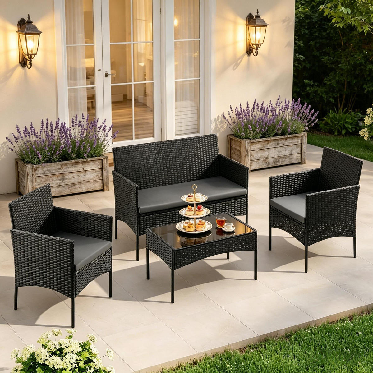 DINING-LOUNGESET 4 Stück mit 1 Couchtisch, 2 Sessel, 1 Doppelsofa - Schwarz, Textil - Coonoor