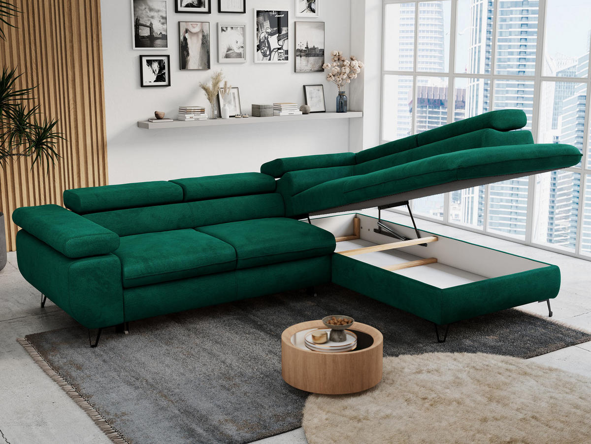 ECKSOFA PETER L Dunkelgrün Velvet - Rechts Seite - Dunkelgrün/Schwarz, Textil/Metall (273/208cm) - MKS