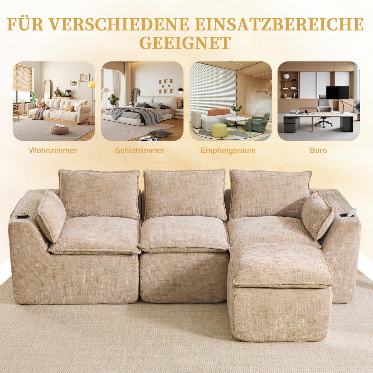 3-SITZER-SOFA aus Chenille, mit Fußhocker und Getränkehalter - Sandfarben, Textil (256/75/161cm) - Urban Meuble