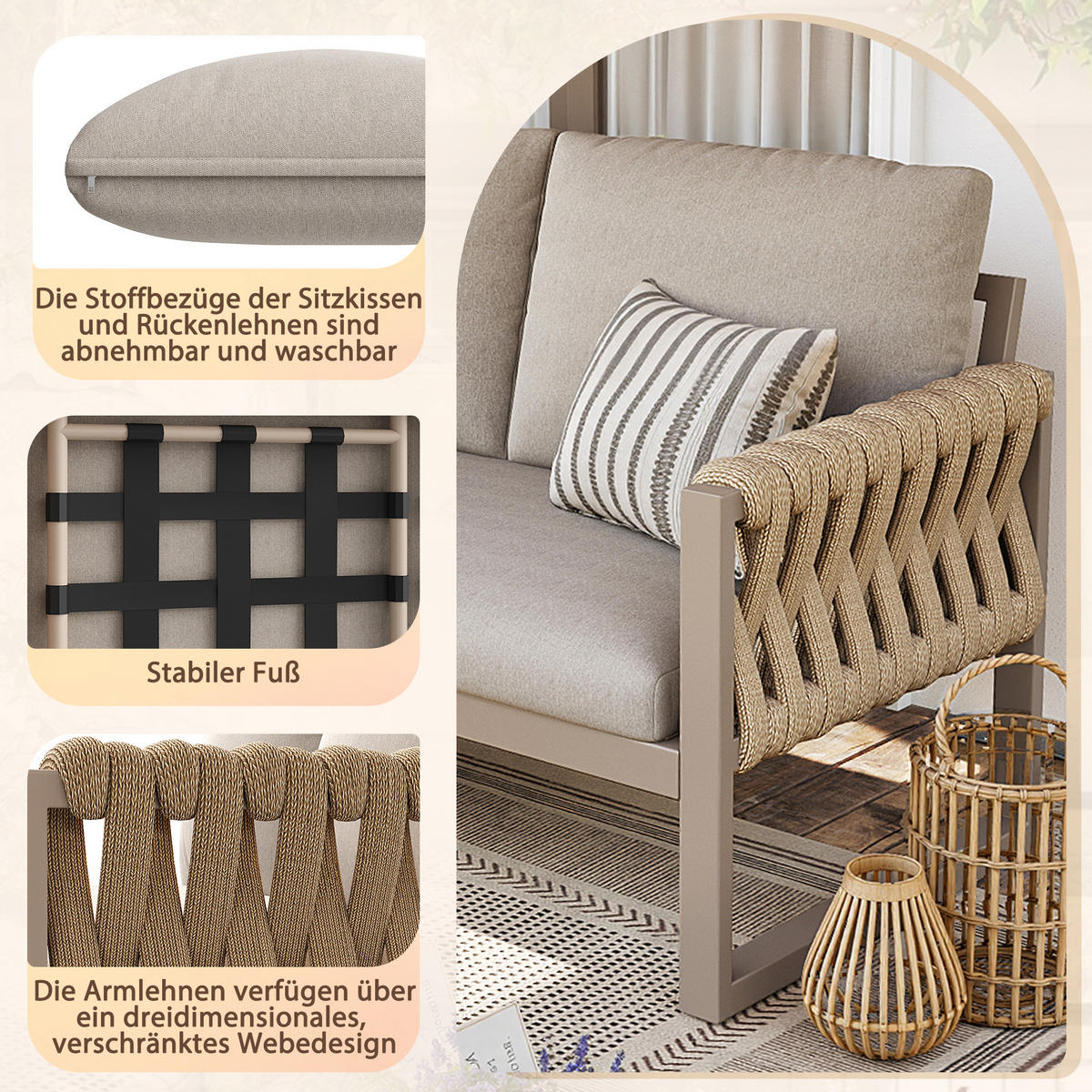 LOUNGESET Modular 5-6 Personen Beige Mit Verstellbaren Füßen - Beige, Metall - FLIEKS