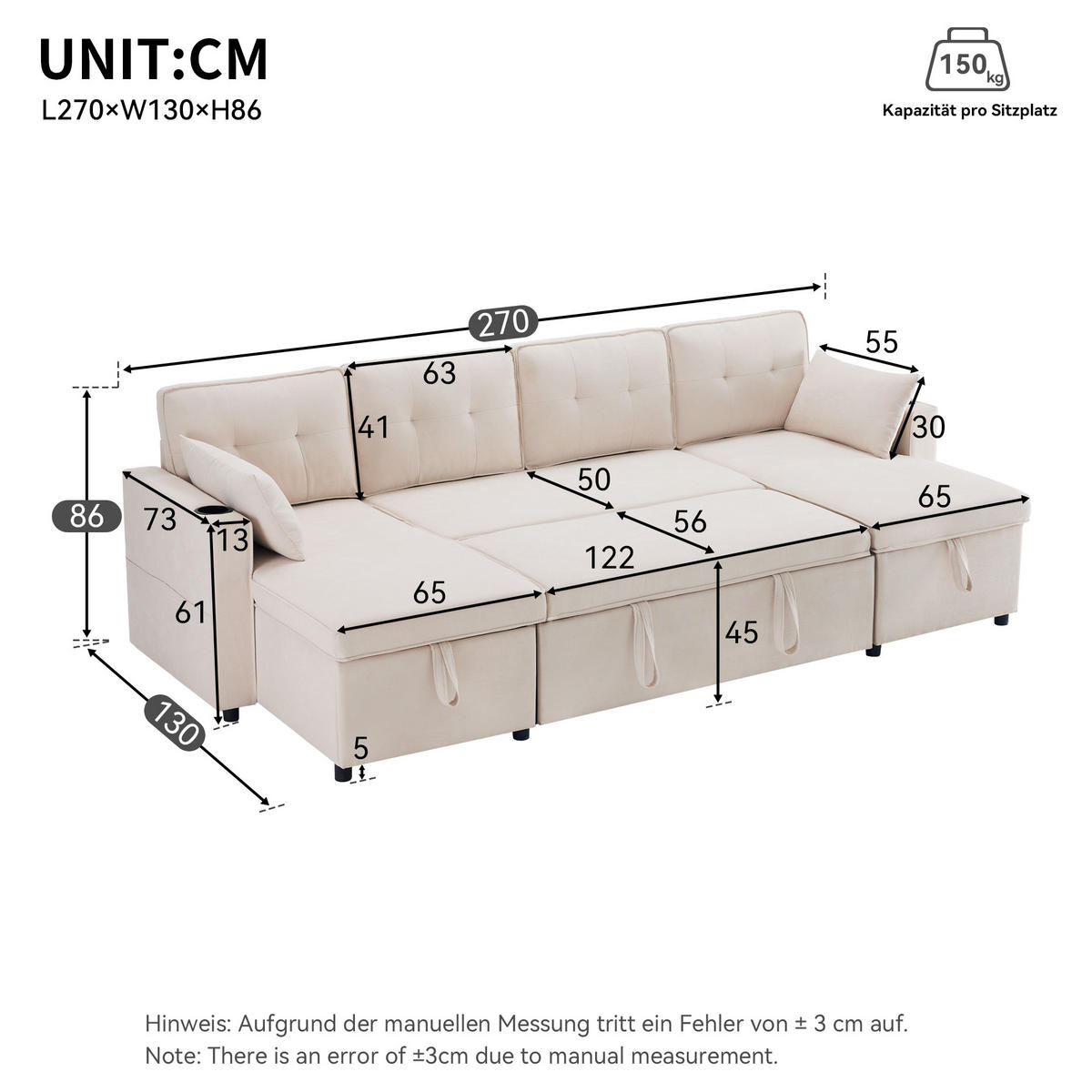 ECKSOFA U-Form Bettfunktion Baumwoll-Leinen Getränkehalter Stauraum Beige - Beige, Holz (123.01/19.71/65.51cm) - FLIEKS