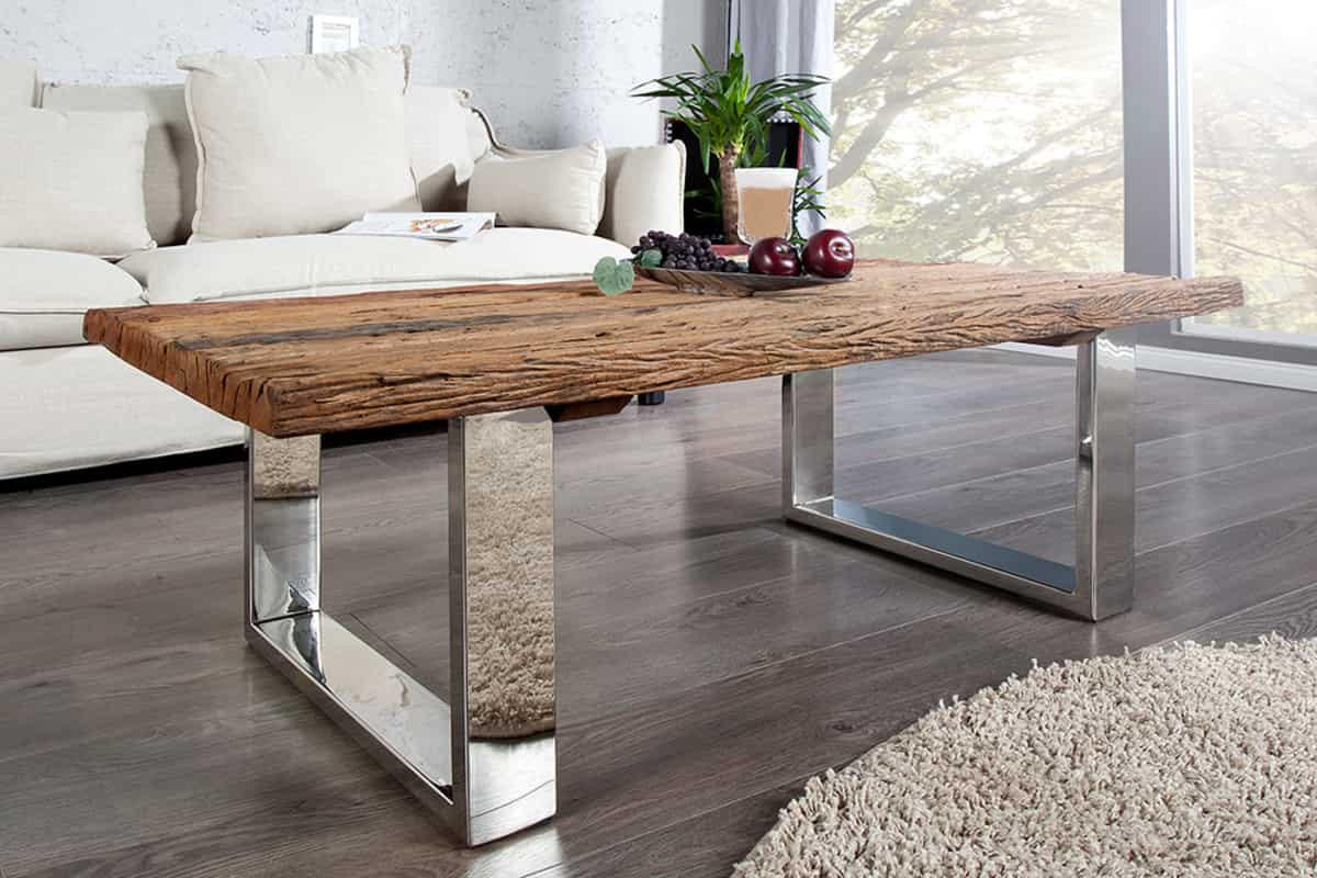 COUCHTISCH BARRACUDA Teakholz kufen Natur|Silber 110cm - Silberfarben/Goldfarben, Glas/Holz (60/110/40cm) - riess-ambiente