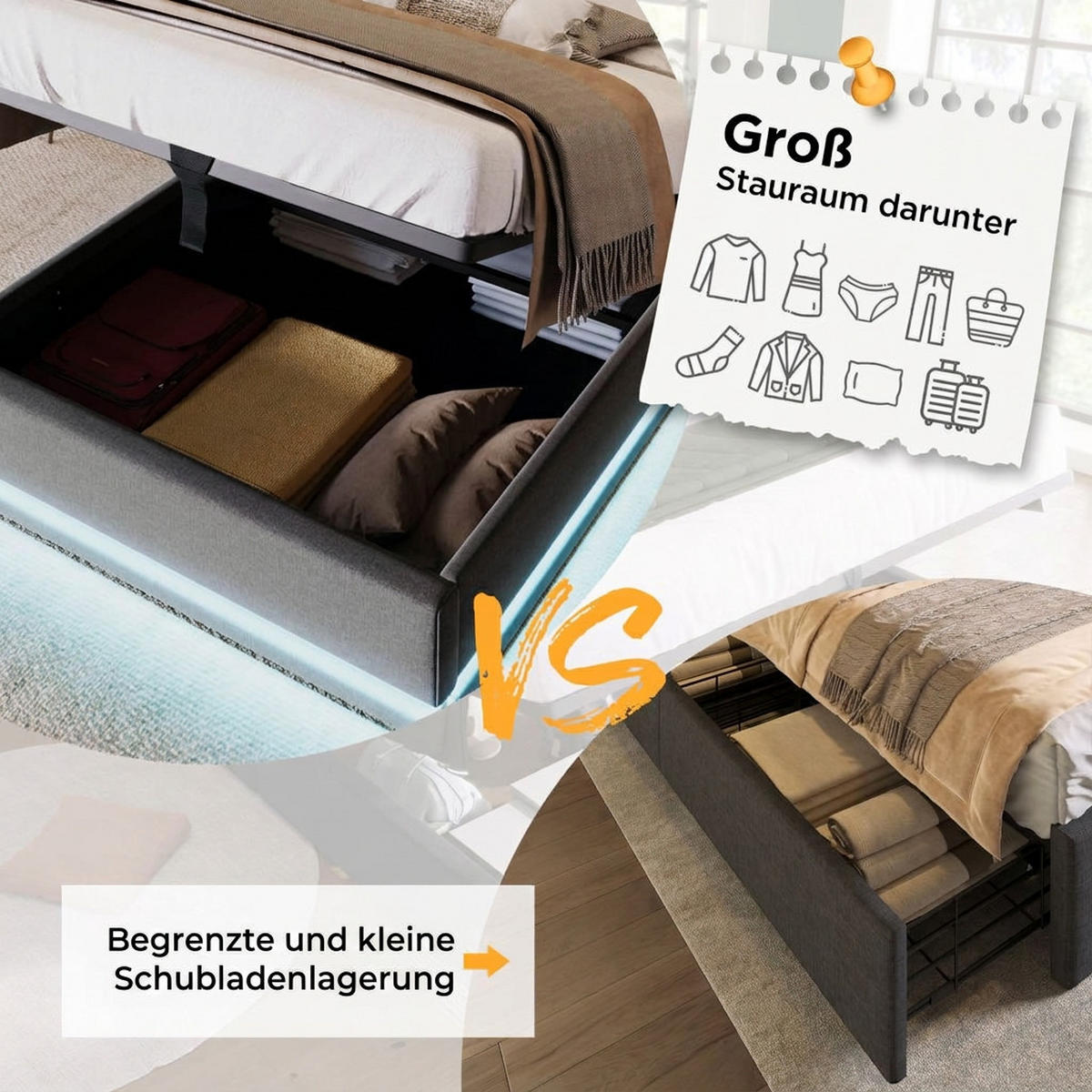 POLSTERBETT 90/200 cm Grau mit USB Typ-C Ladefunktion und 3-seitige LED-Funktion - Grau, Textil (90/200cm) - Oxeza