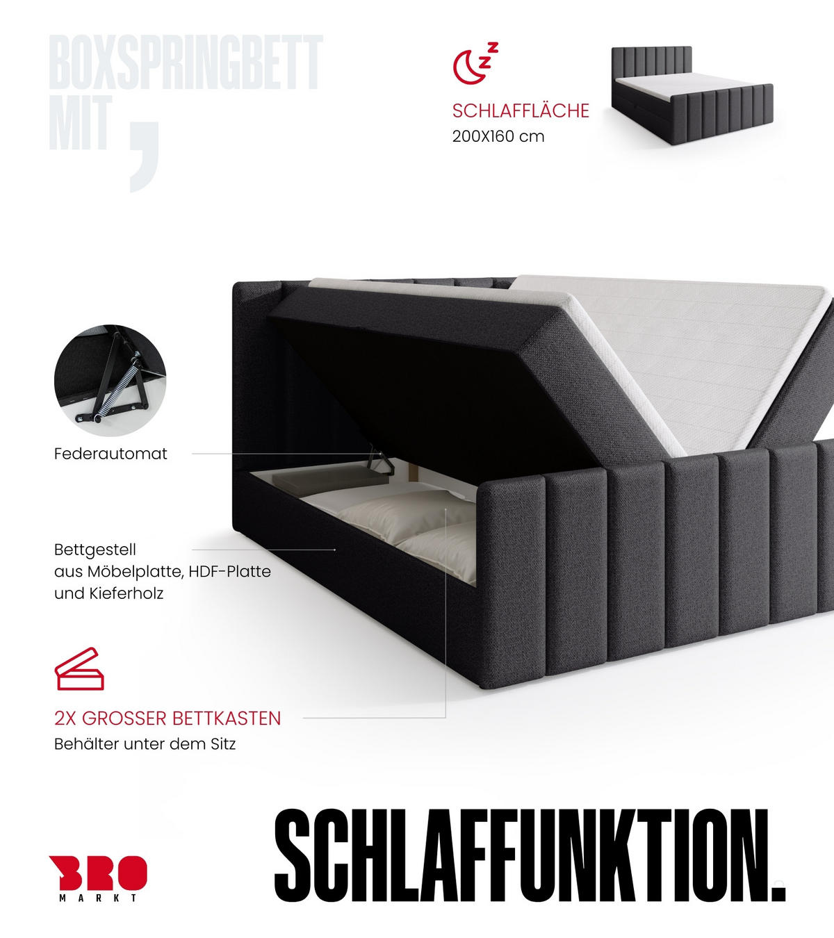 BOXSPRINGBETT Denver DUO mit Topper 160x200 Grau - Grau, Textil (160/200cm) - Bromarkt