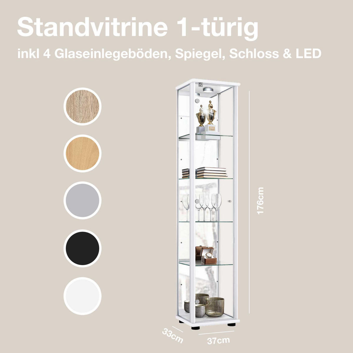 GLASVITRINE 33/37/176 cm mit Spiegel, LED, Schloss & 4 höhenverstellbaren Glasböden - Transparent/Silberfarben, Glas/Holzwerkstoff (37/176/33cm) - K-Möbel