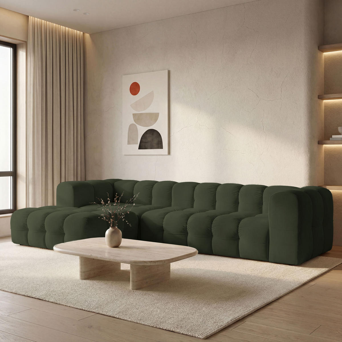 ECKSOFA Mochi L-Form 5-Sitzer Links, Samt, Dunkelgrün 290/75/193 cm - Dunkelgrün/Schwarz, Kunststoff/Textil (290/193cm) - WFL GROUP