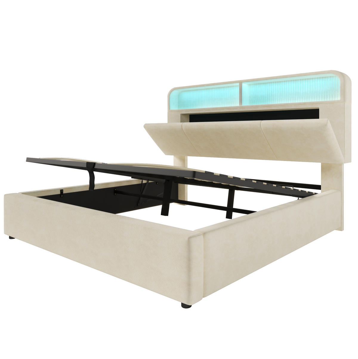 ČALOUNĚNÁ postel 140/190 cm béžová ze sametu s výškově nastavitelným úložným čelem, LED a USB/Type-C - béžová, textil (140/190cm) - OKWISH