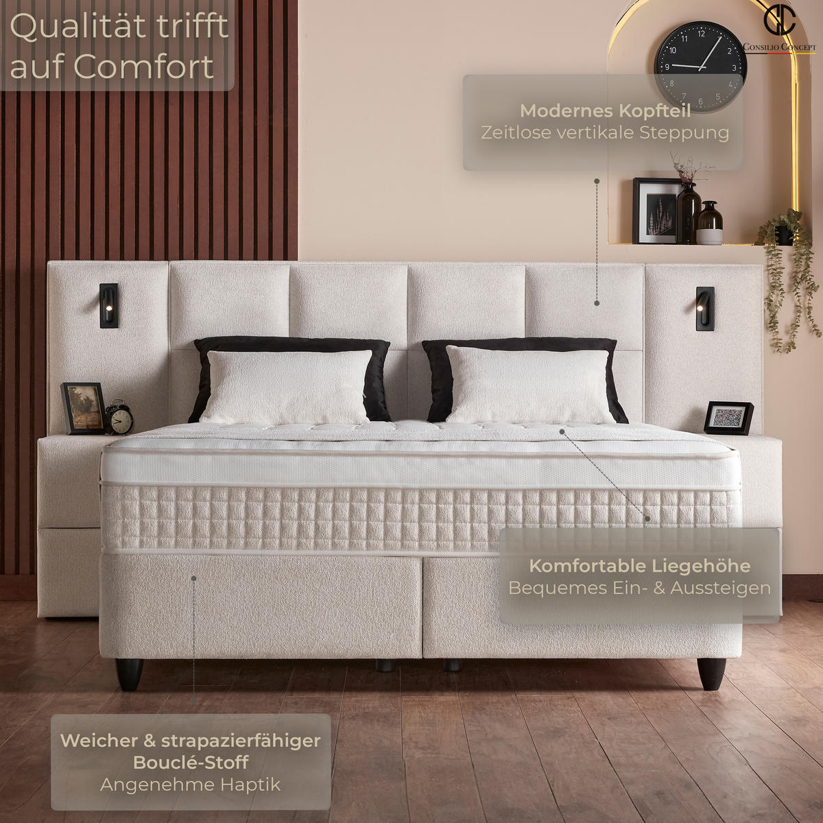 BOXSPRINGBETT MIT BETTKASTEN LUXOR 180/200 cm, Ivory, Bettkasten, Matratze, Topper integriert, H3 mittel 7-Zonen Matratze - Creme/Schwarz, Holz/Kunststoff (180/200cm) - Consilio Concept