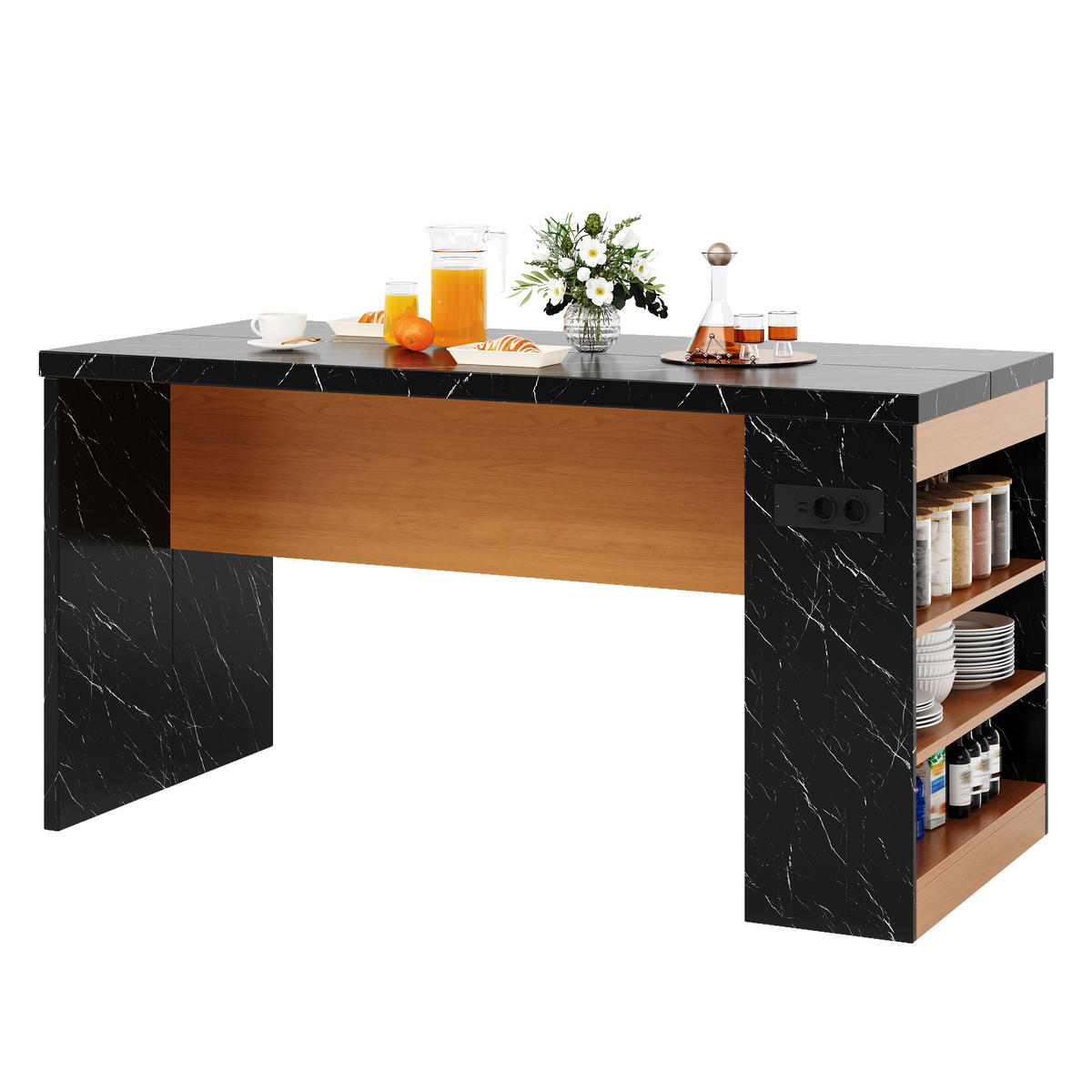 KÜCHENINSEL 90 cm MDF Schwarz Natur mit LED-Beleuchtung und USB-Steckdose - Schwarz, Holzwerkstoff (80/90/155cm) - Korfee