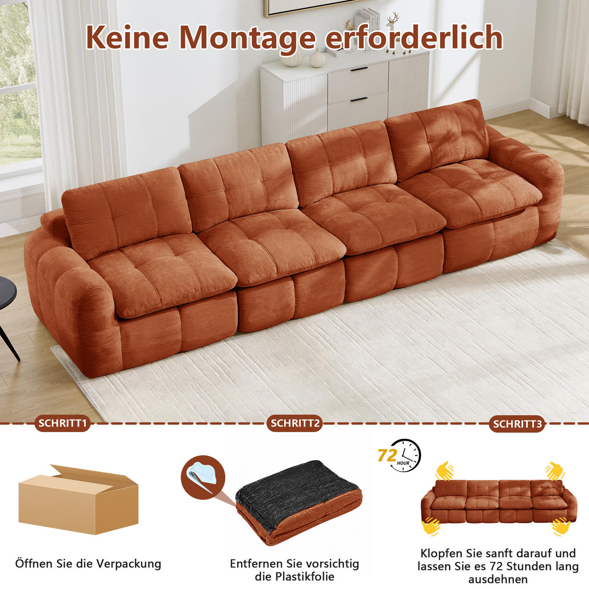 4-SITZER-SOFA, minimalistisch, Chenille-Orange - Orange, Textil (97/68/334cm) - KOMHTOM