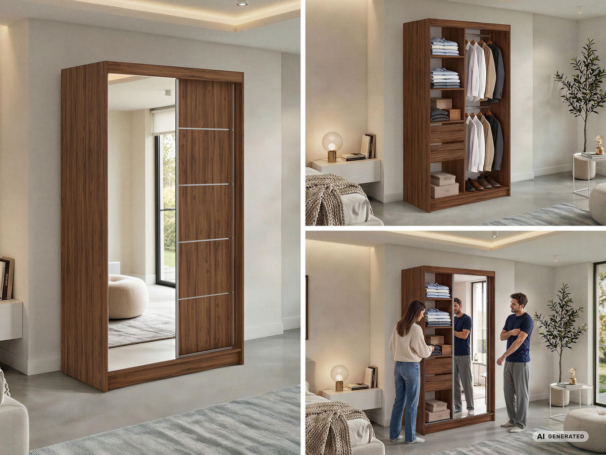 SCHWEBETÜRENSCHRANK mit Schubladen 120 - SKORIA - Warmia Walnuss mit Spiegel - Walnussfarben/Alufarben, Holzwerkstoff/Metall (120/216/61cm) - MKS