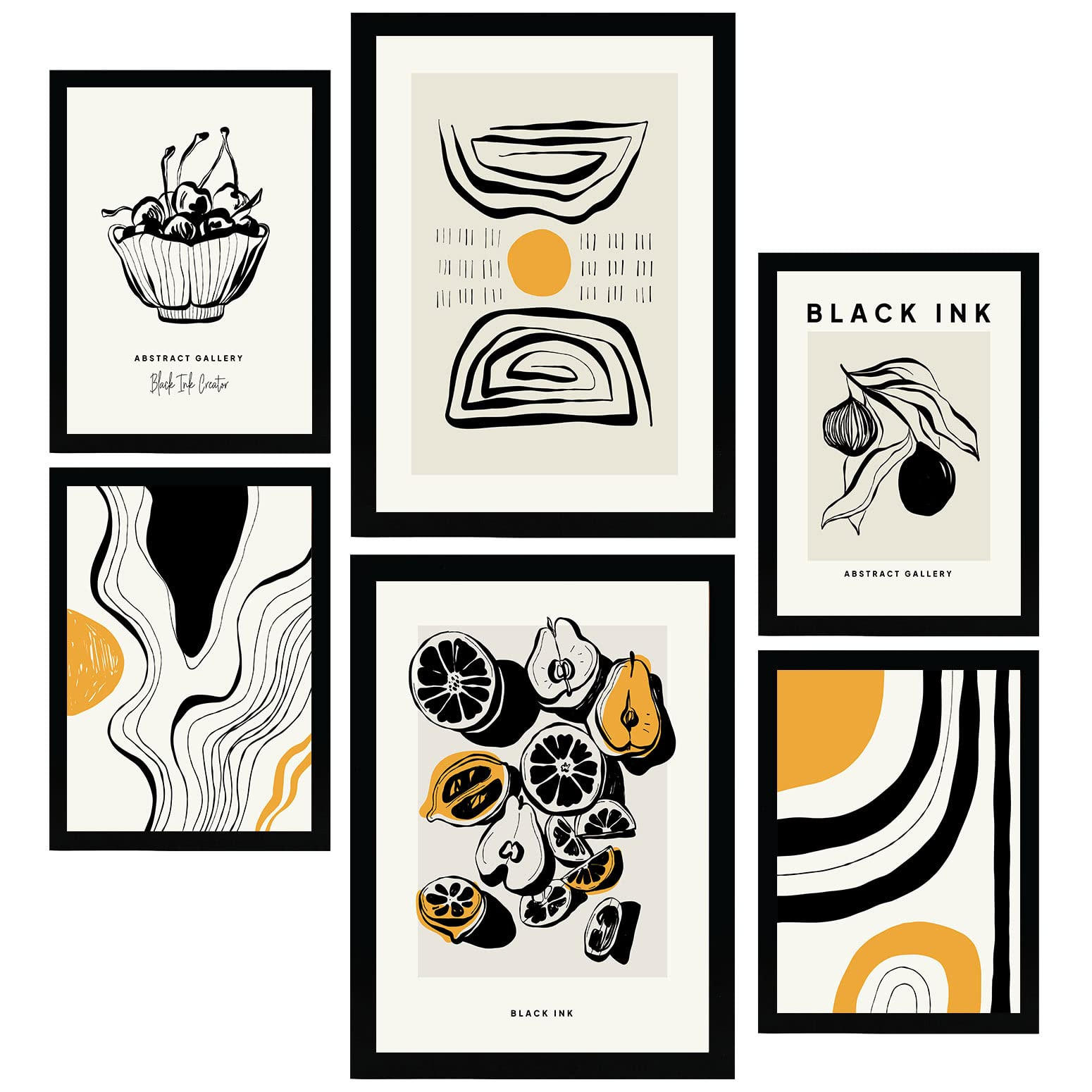 POSTER Set Mit 6 In Schwarzer Tinte Früchte Künstlerische Und Abstrakte Drucke Für Innenarchitektur A3 & A4 Schwarzer Rahmen - Schwarz, Papier (29/3cm) - Nacnic