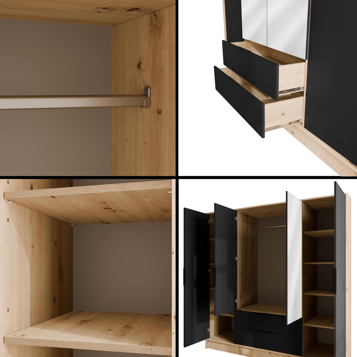 KLEIDERSCHRANK mit Spiegel und Flügeltüren KOLIN 200x200cm Artisan/Schwarz - Schwarz/Eiche Artisan, Holzwerkstoff (200/200/51cm) - ALTDECOR