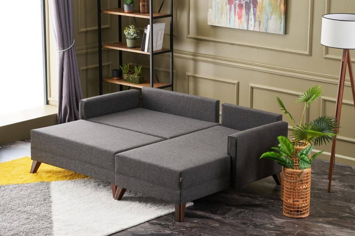 ECKSOFA mit Hocker als Schlaffläche, perfekt für kleine Räume - Anthrazit/Walnussfarben, Holz/Kunststoff (140/205cm) - myHomelando