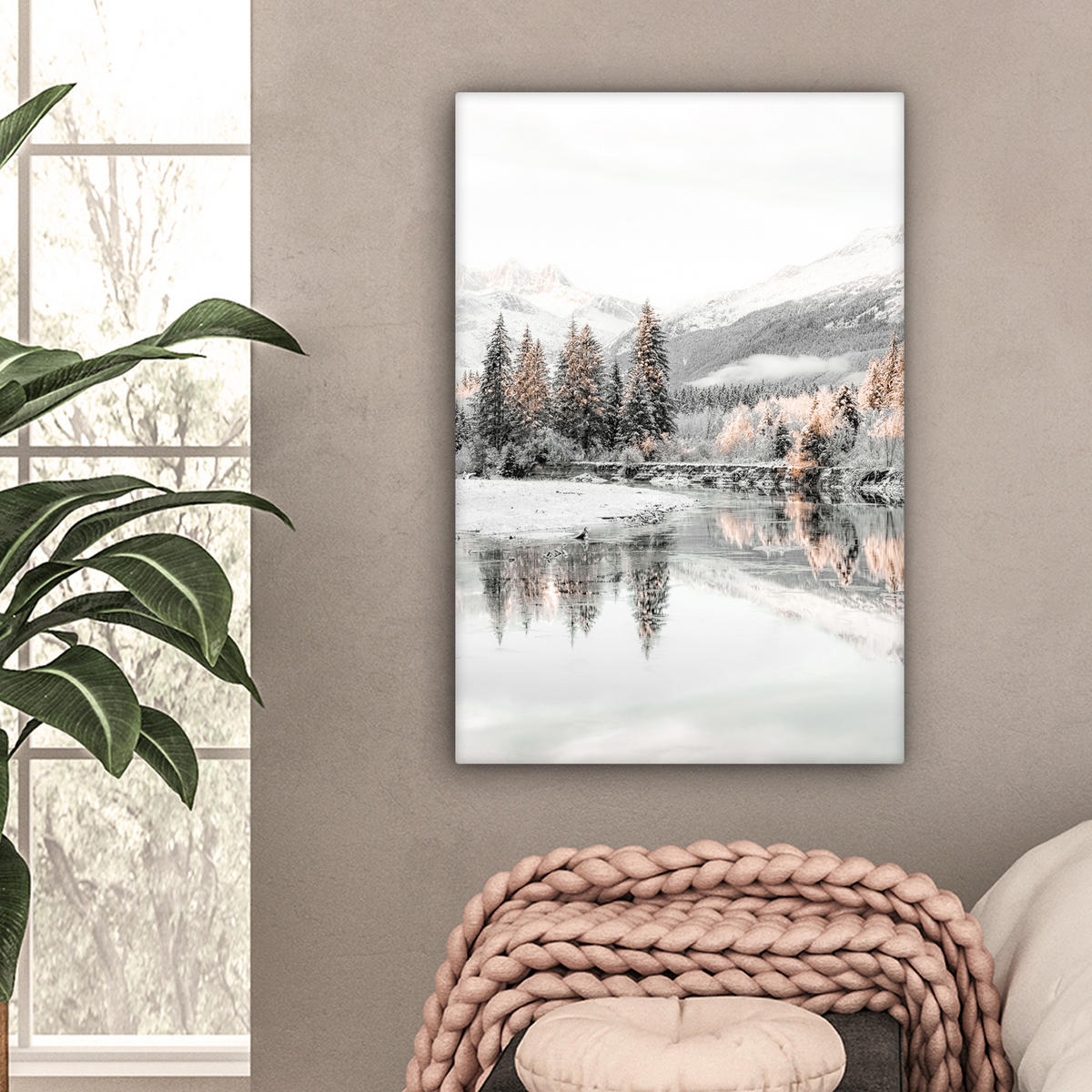 LEINWANDBILD Natur - Winter - Bäume - Berge - Schnee Wanddeko 40x60 cm - Weiß Hochglanz, Textil (40/60cm) - MuchoWow