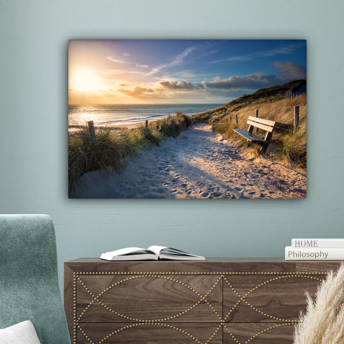 LEINWANDBILD - Sonnenuntergang - Strand - Düne - Gras - Ufer - 90x60 - Deko Wohnzimmer - Sandfarben, Textil (90/60cm) - MuchoWow