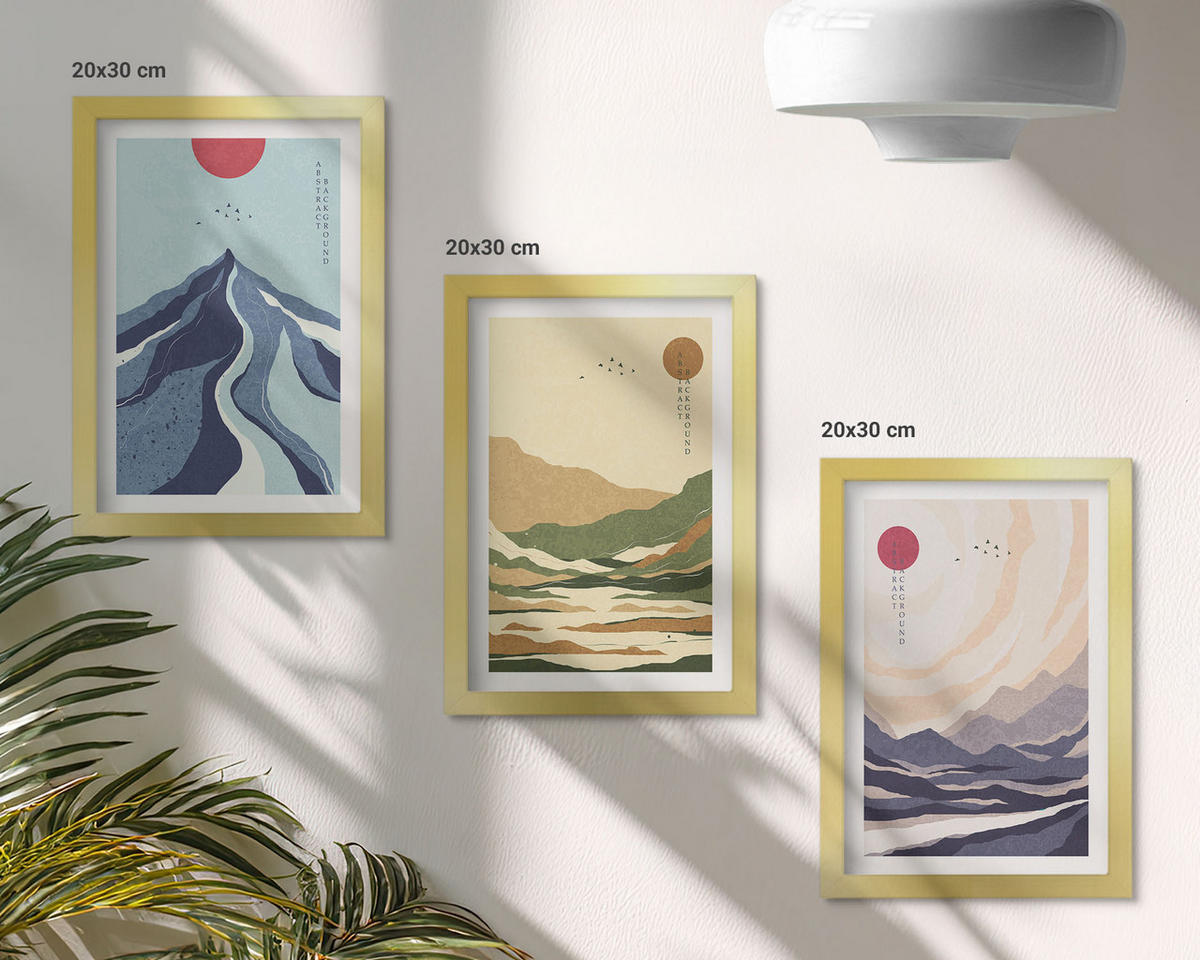 WANDBILDER 3er Set - 20x30 cm Goldrahmen - Pastellfarbene Berge im Japandi-Stil - Goldfarben, Kunststoff (20/30cm) - ArtPrintCave