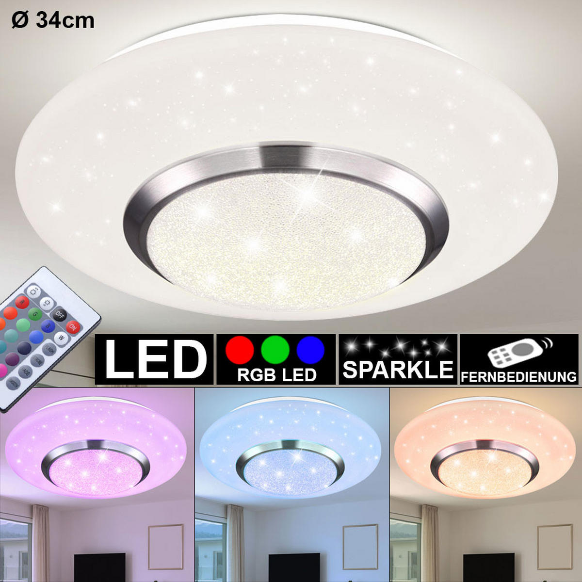 LED DECKENLEUCHTE Metall Weiß Kristalloptik CANDIDA - Weiß, Metall (34/34/8cm) - Globo Lighting