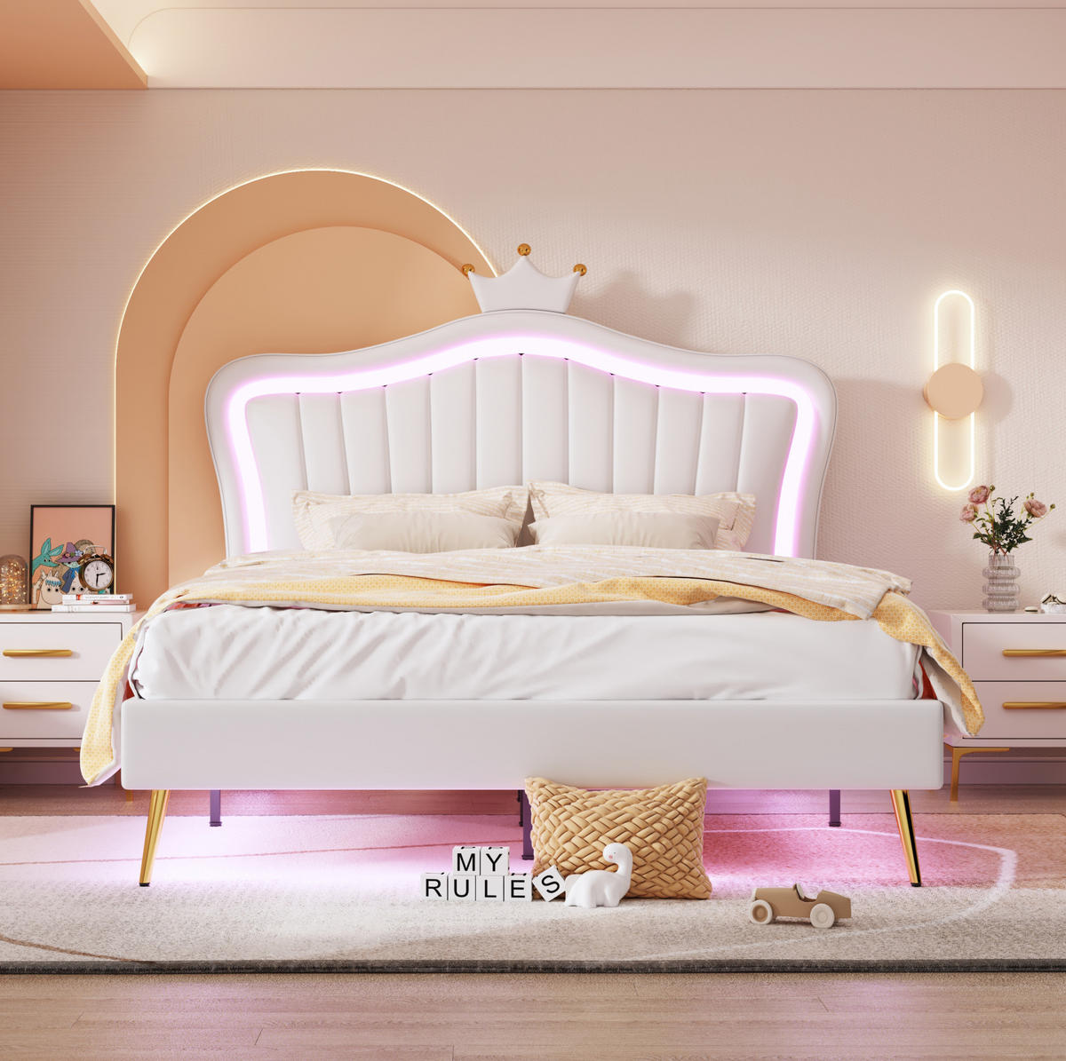 KINDERBETT Polsterbett 140/200 cm aus Kunstleder mit Muschel-Kopfteil, Krone und LED-Beleuchtung Weiß - Weiß, Textil (140/200cm) - Modenvie