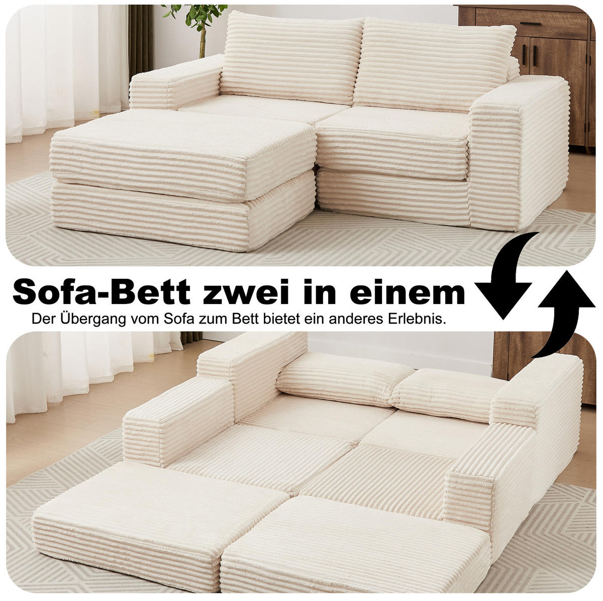 SOFA na razvlačenje bež od samta s pomičnim tabureom i modularnim rasporedom - bež, tekstil (169.5/74/194cm) - OKWISH