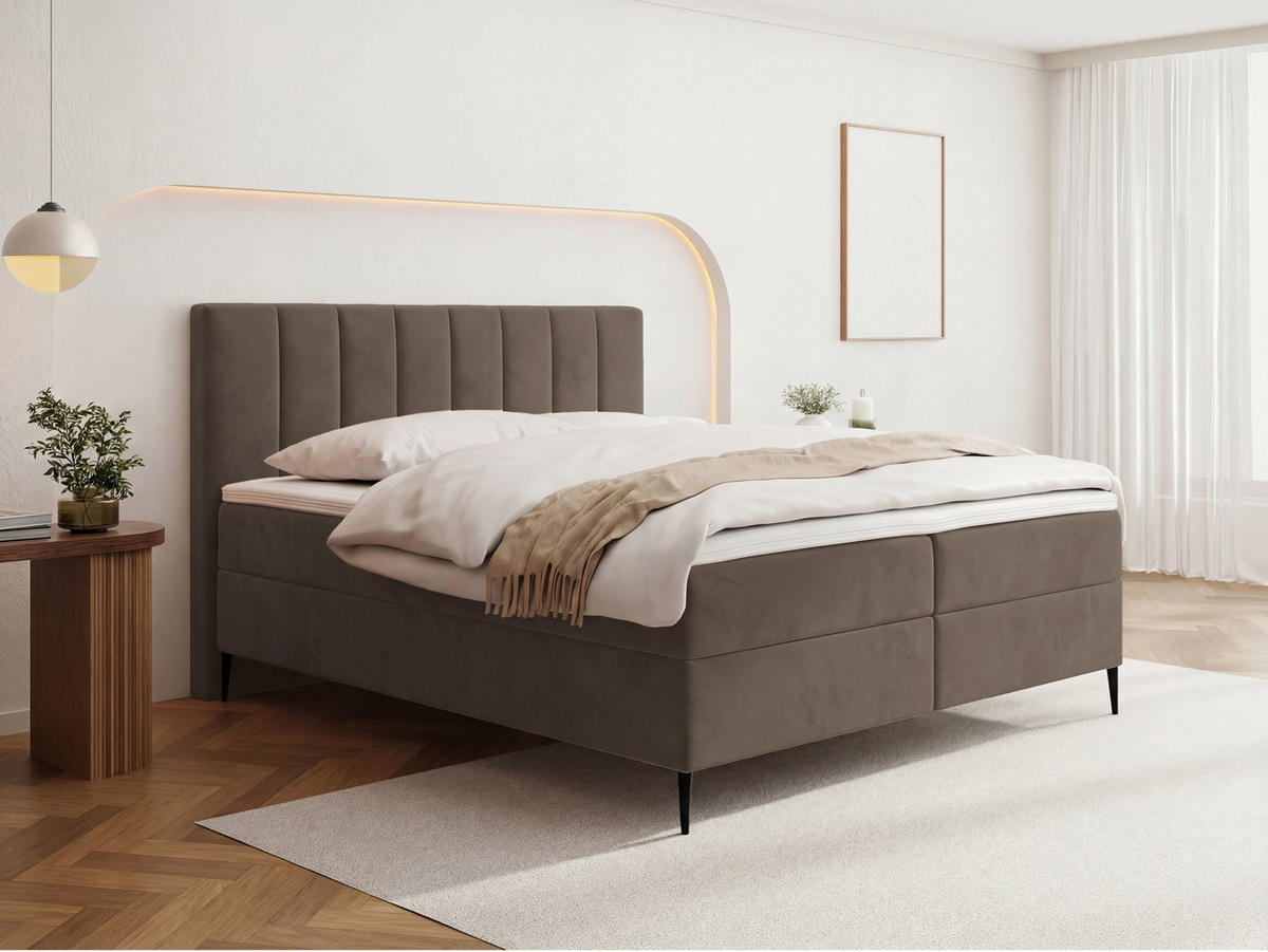 BOXBETT Allen mit Bettkasten, Samt Braun 120x200 cm – inkl. H4 Taschenfederkern Matratze & Foam Topper - Schwarz/Braun, Holz/Holzwerkstoff (120/200cm) - WFL GROUP
