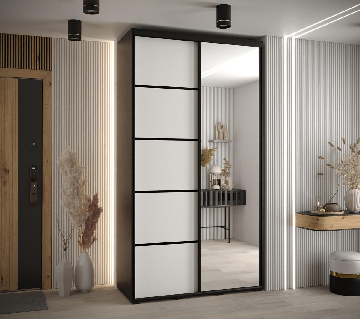 SCHWEBETÜRENSCHRANK 235,2/140/45 2-türig - Schwarz/Weiß, Holz/Metall (140/235/45cm) - Abiks Möbel