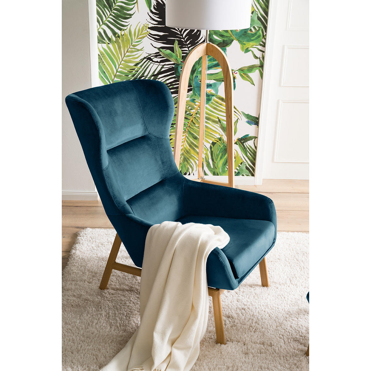 OHRENSESSEL - inkl. Hocker - Samt - Marineblau - Blau/Beige, Textil/Metall (65/100/88cm) - home24