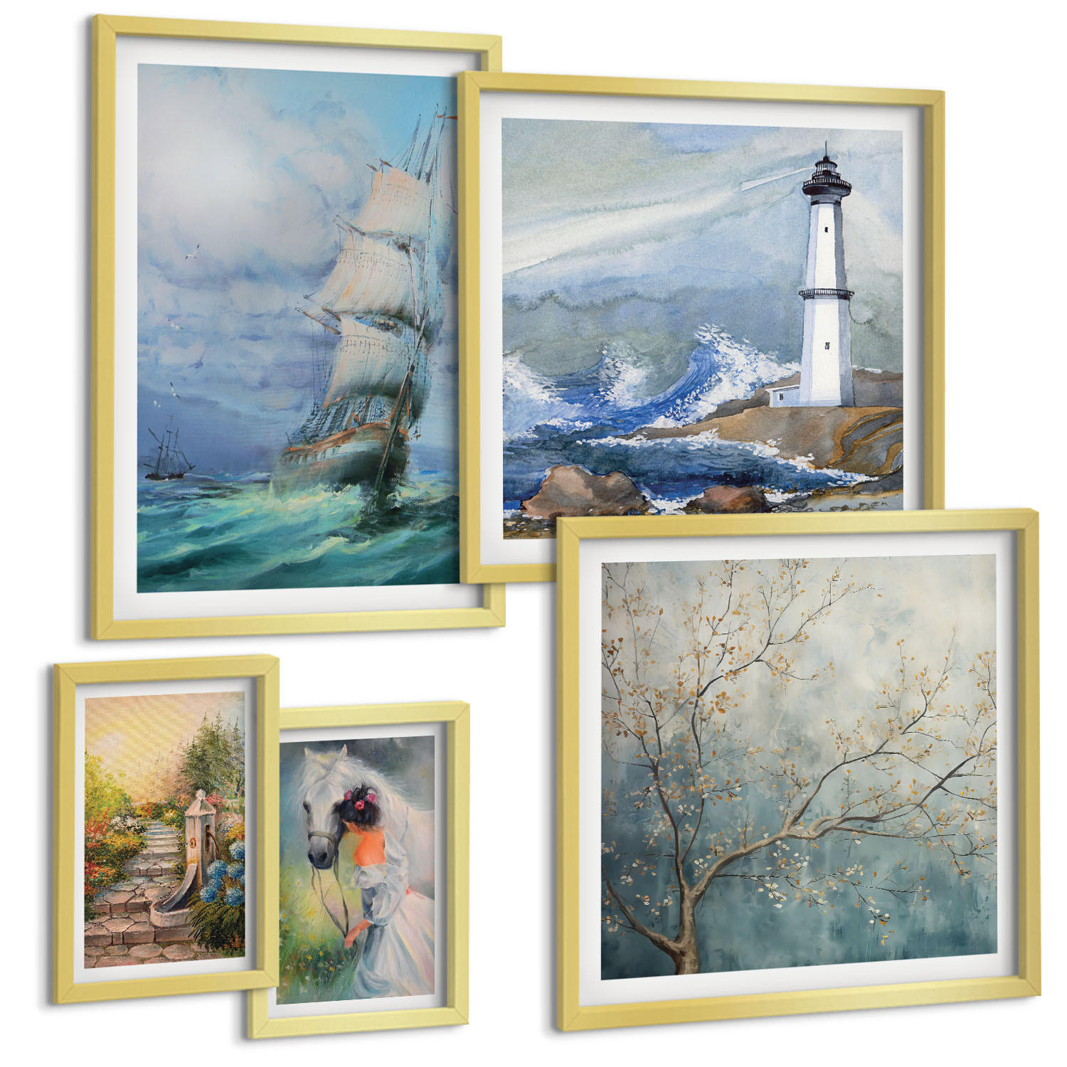 BILDER SET 5er Set - 50x50 cm & 20x30 cm & 40x60 cm Goldrahmen - Familienillustrationen Hausschilder - Goldfarben, Kunststoff (40/60cm) - TULUP
