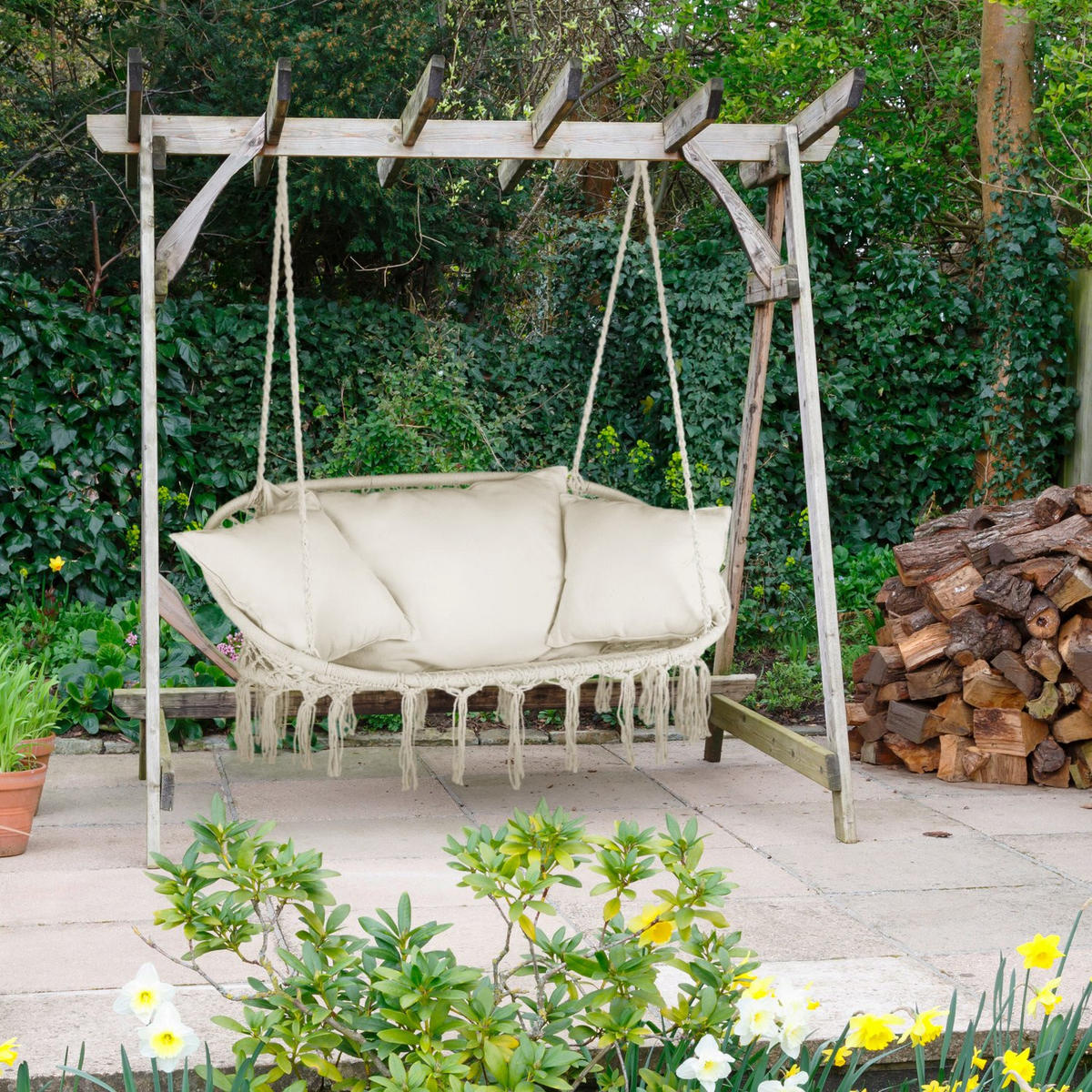 HÄNGESESSEL für 2 Personen 130/75/37 cm, bis 200 kg - Beige, Textil/Metall (130/37/75cm) - Outtec