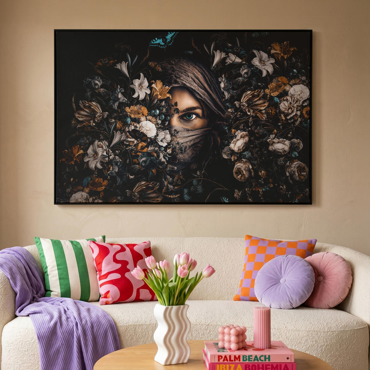 LEINWAND Bilder mit Rahmen - Frau - Luxus - Blumen - Schmetterling - Porträt - 150x100 - Schwarz, Textil (150/100cm) - MuchoWow