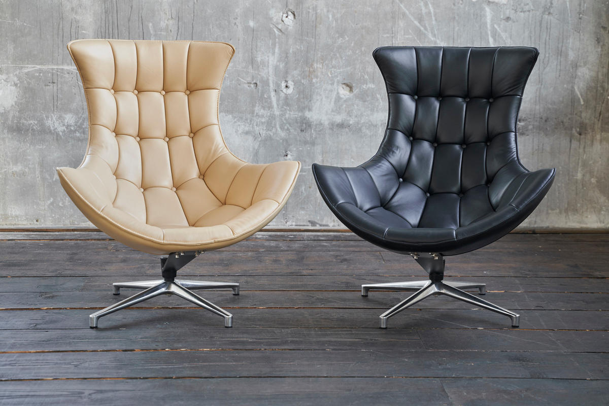 DREHSESSEL SKIO Schwarz Leder - Silberfarben/Schwarz, Leder (87/99/89cm) - KAWOLA