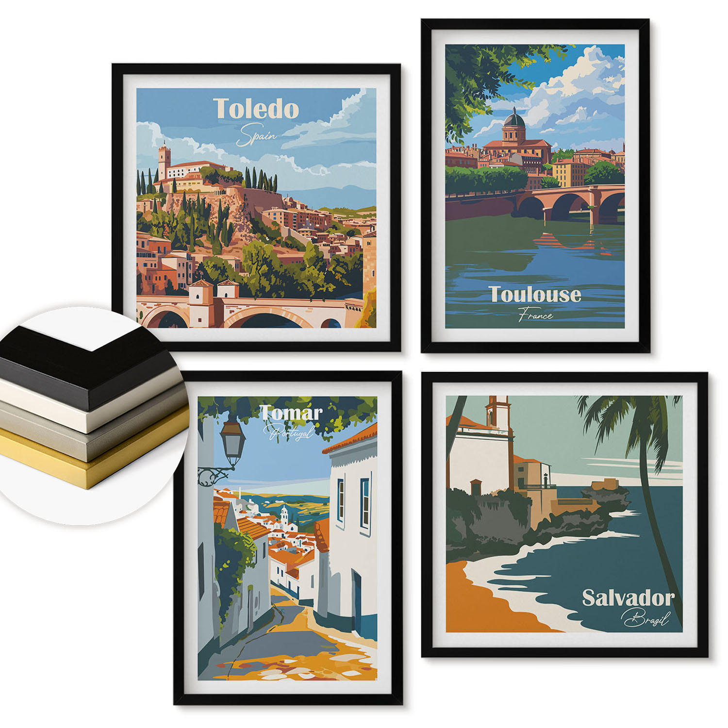 WANDBILDER 4er-Set - 50x50 cm & 40x60 cm Schwarzer Rahmen - Retro-Stadtgrafiken - Schwarz, Kunststoff (50/50cm) - ArtPrintCave