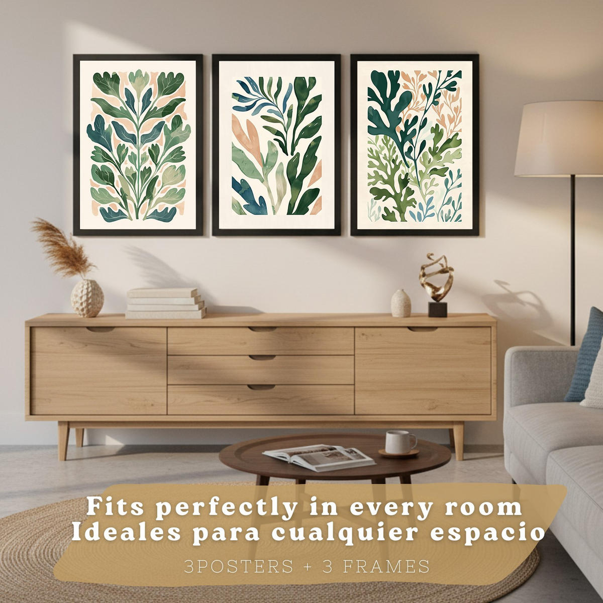 PLAKAT Sada 3 Zelené rostliny A3 Černý rám - černá, papír (29.7/1/42cm) - Nacnic