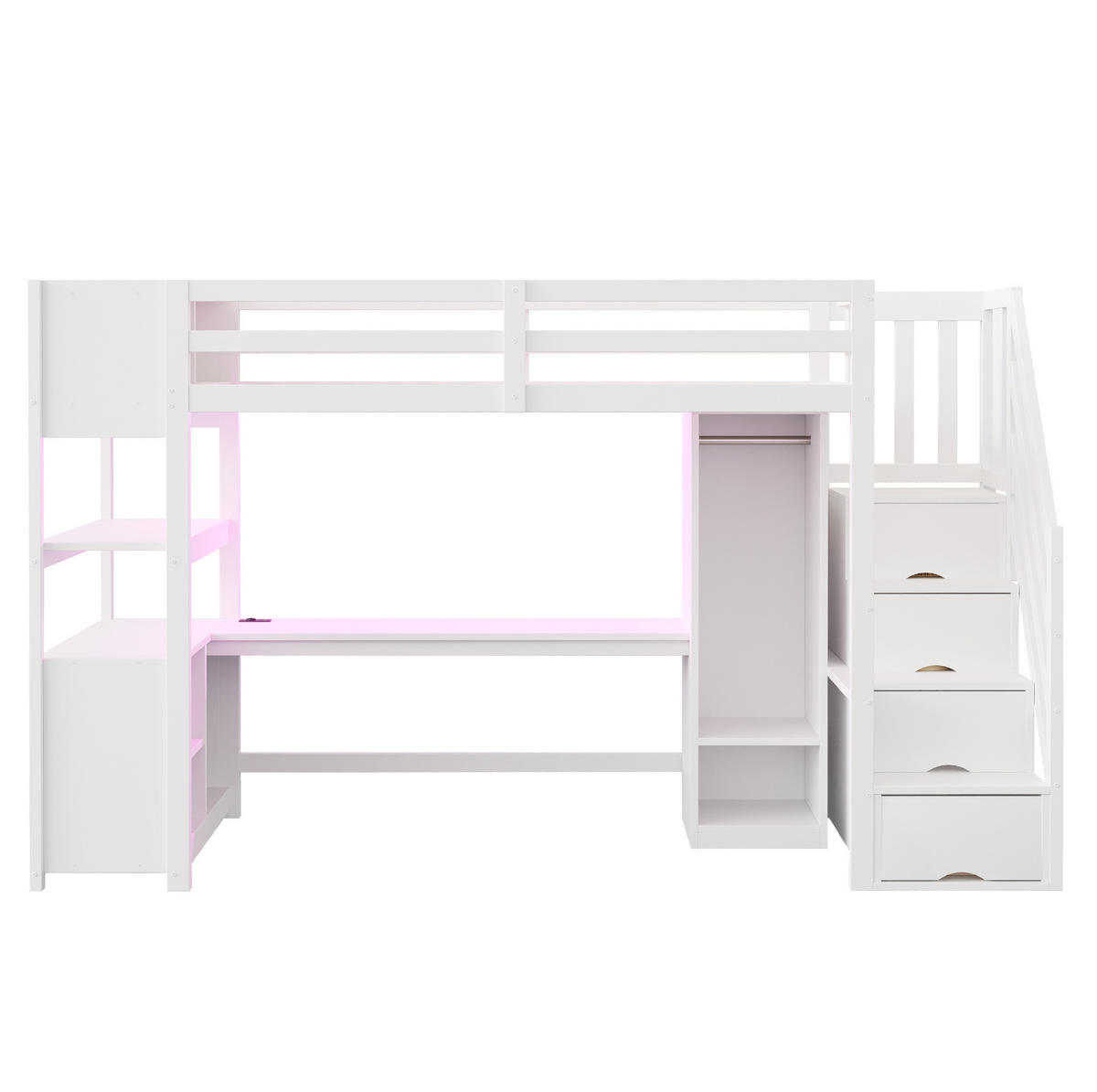 HOCHBETT 90/200 cm mit Schreibtisch, Kleiderschrank, Stauraumtreppe, LED und Steckdose aus , Weiß - Weiß, Holzwerkstoff (90/200cm) - Redom