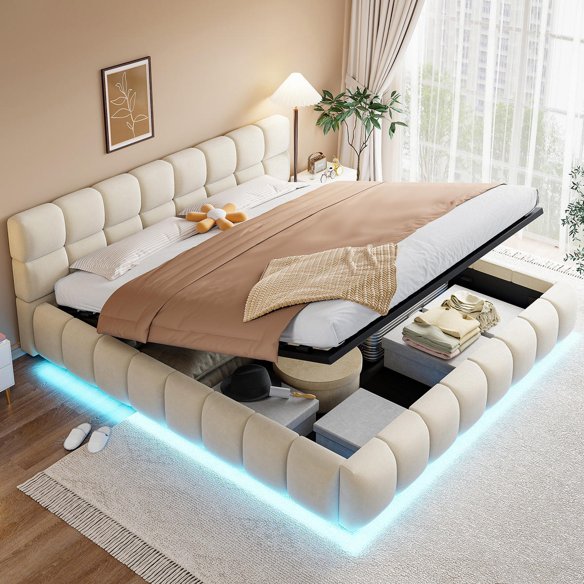 POLSTERBETT 180/200 cm in Beige mit Bettkasten und LED Samt - Beige, Holzwerkstoff/Textil (180/200cm) - STILVORA