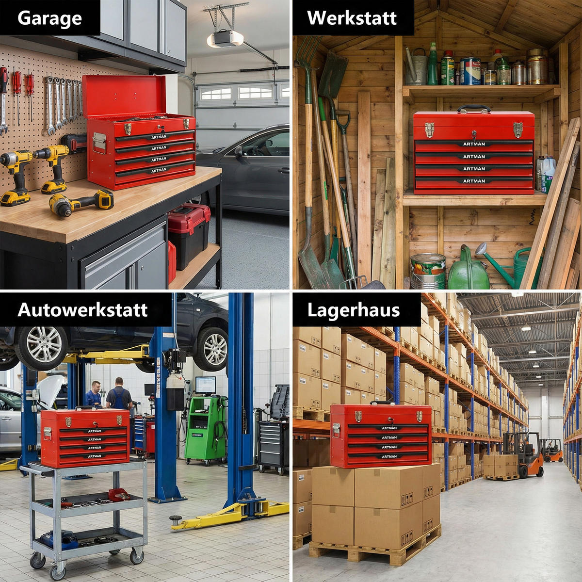 WERKZEUGKISTE 20 Zoll mit 3 Schubladen, pulverbeschichteter Stahl, Rot - Rot, Metall (22.3/34.5/53.2cm) - Novahome